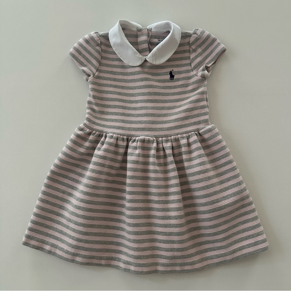 Ralph Lauren 18 Months Baby Girl Pink Gray Stripe Ponte Dress